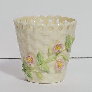 BELLEEK Ireland Basket Weave with Vines and Applied Pink Flowers - Gold mark